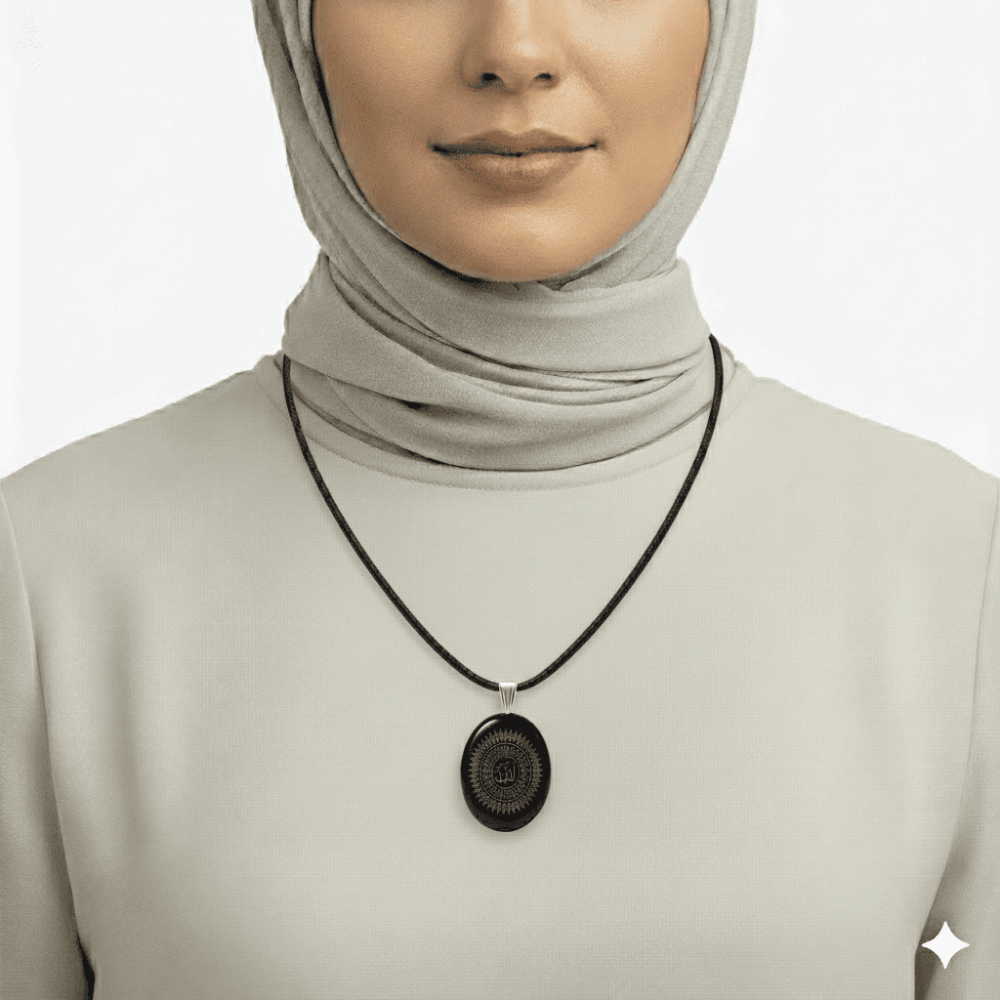 Kadın Oniks Doğaltaş Cevşen Kolye - Esmaül Hüsna Yazılı - Elips Tasarım - Siyah Renk - 2