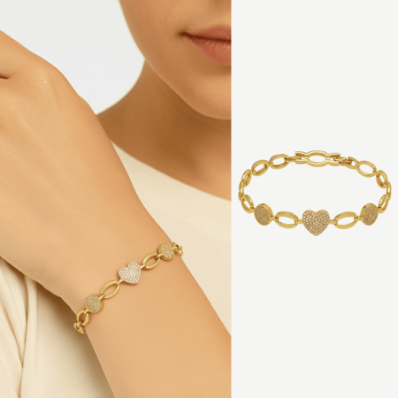 Kadın Tam Tur Xuping Bileklik - Diamond Cut Model - Kalp Detaylı - Beyaz Zirkon Taşlı - Altın Renk - Tesbihane