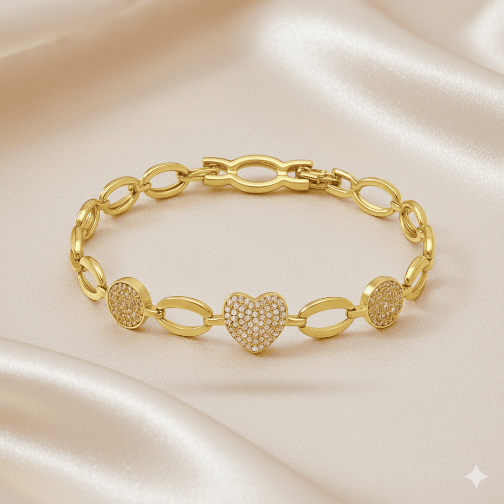 Kadın Tam Tur Xuping Bileklik - Diamond Cut Model - Kalp Detaylı - Beyaz Zirkon Taşlı - Altın Renk - 3