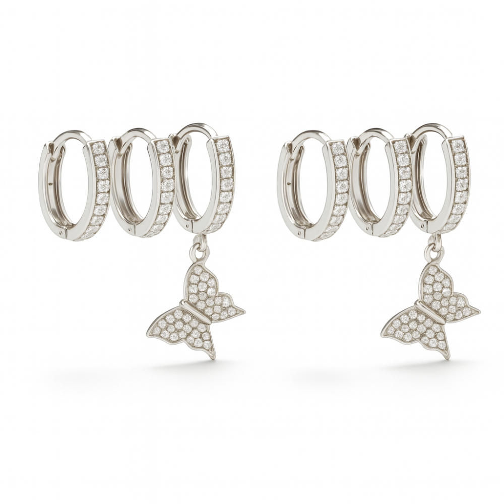 Kadın Xuping Çelik Küpe - 3 lü Model - Kelebek Detaylı - Beyaz Zirkon Taşlı - Gümüş Renk - 1