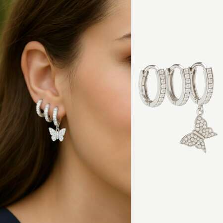 Kadın Xuping Çelik Küpe - 3 lü Model - Kelebek Detaylı - Beyaz Zirkon Taşlı - Gümüş Renk - Tesbihane