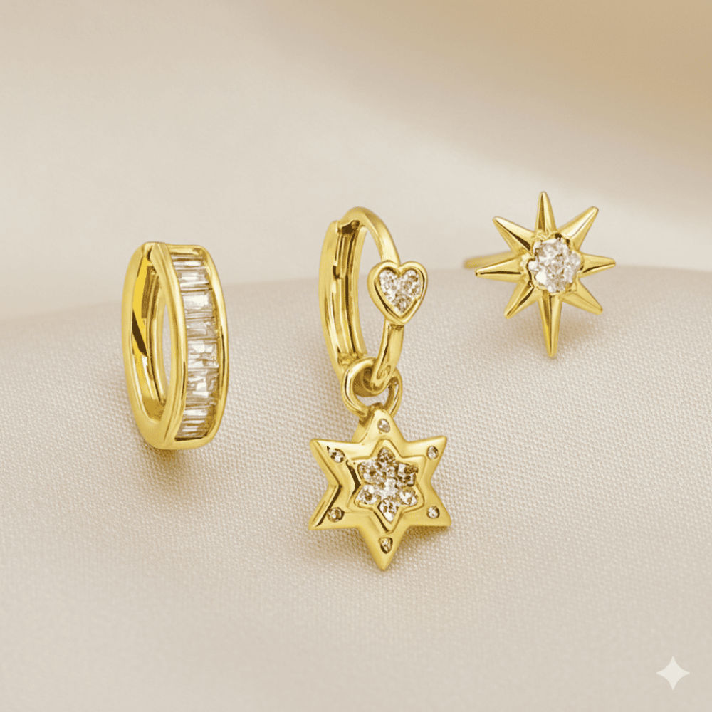 Kadın Xuping Çelik Küpe - 3 lü Model - Yıldız Detaylı - Beyaz Zirkon Taşlı - Altın Renk - 3