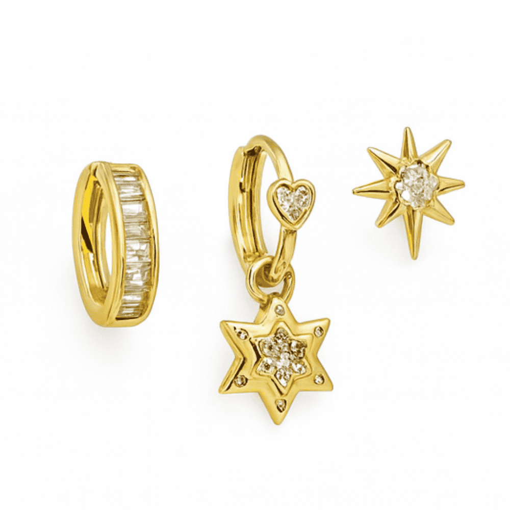 Kadın Xuping Çelik Küpe - 3 lü Model - Yıldız Detaylı - Beyaz Zirkon Taşlı - Altın Renk - 4