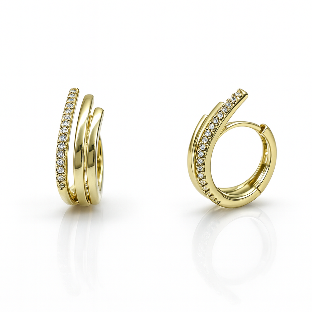 Kadın Xuping Çelik Küpe - 3 Sıra Asimetrik Tasarım - Beyaz Zirkon Taşlı - Altın Renk - 1