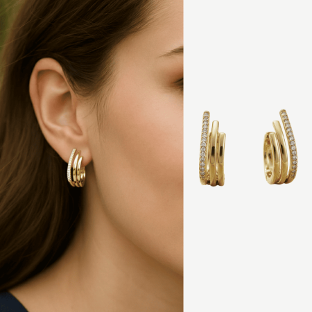 Kadın Xuping Çelik Küpe - 3 Sıra Asimetrik Tasarım - Beyaz Zirkon Taşlı - Altın Renk - Tesbihane