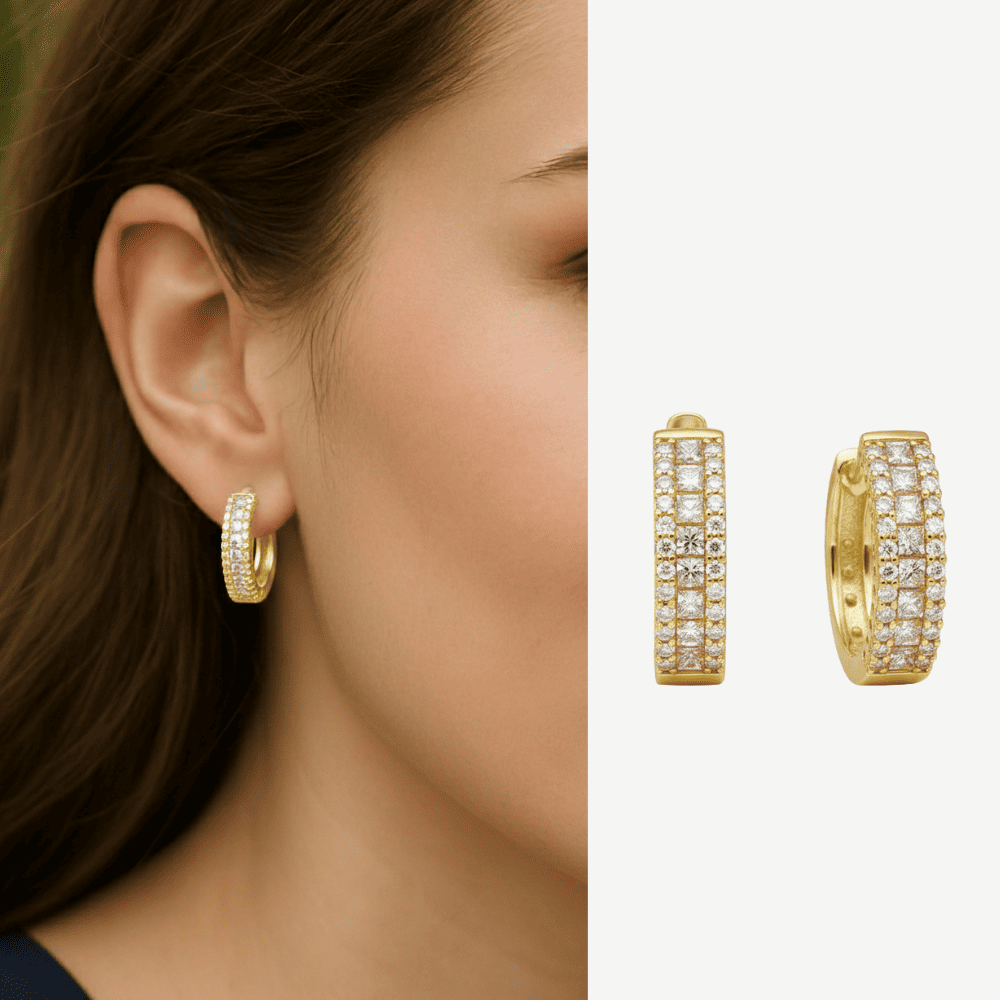 Kadın Xuping Çelik Küpe - 3 Sıra Tasarım - Beyaz Zirkon Taşlı - Altın Renk - 1