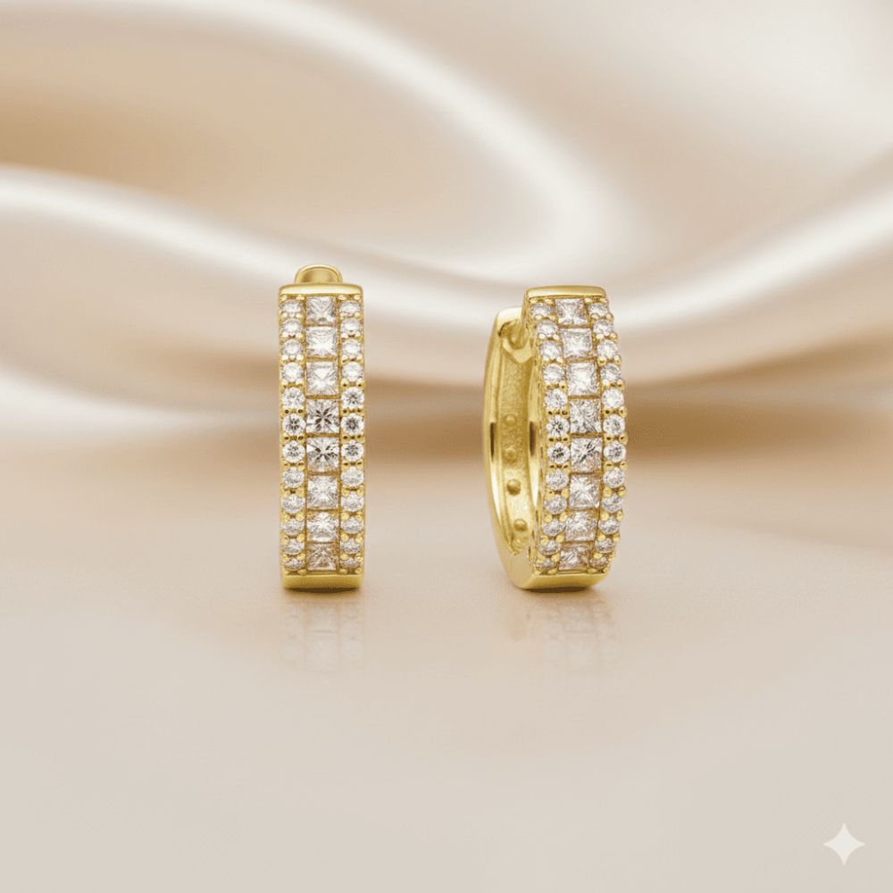 Kadın Xuping Çelik Küpe - 3 Sıra Tasarım - Beyaz Zirkon Taşlı - Altın Renk - 3