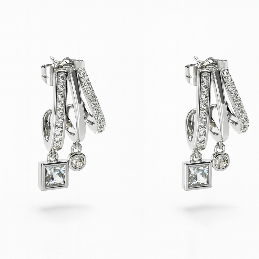 Kadın Xuping Çelik Küpe - 3 Sıra Tasarım - Beyaz Zirkon Taşlı - Gümüş Renk - 1