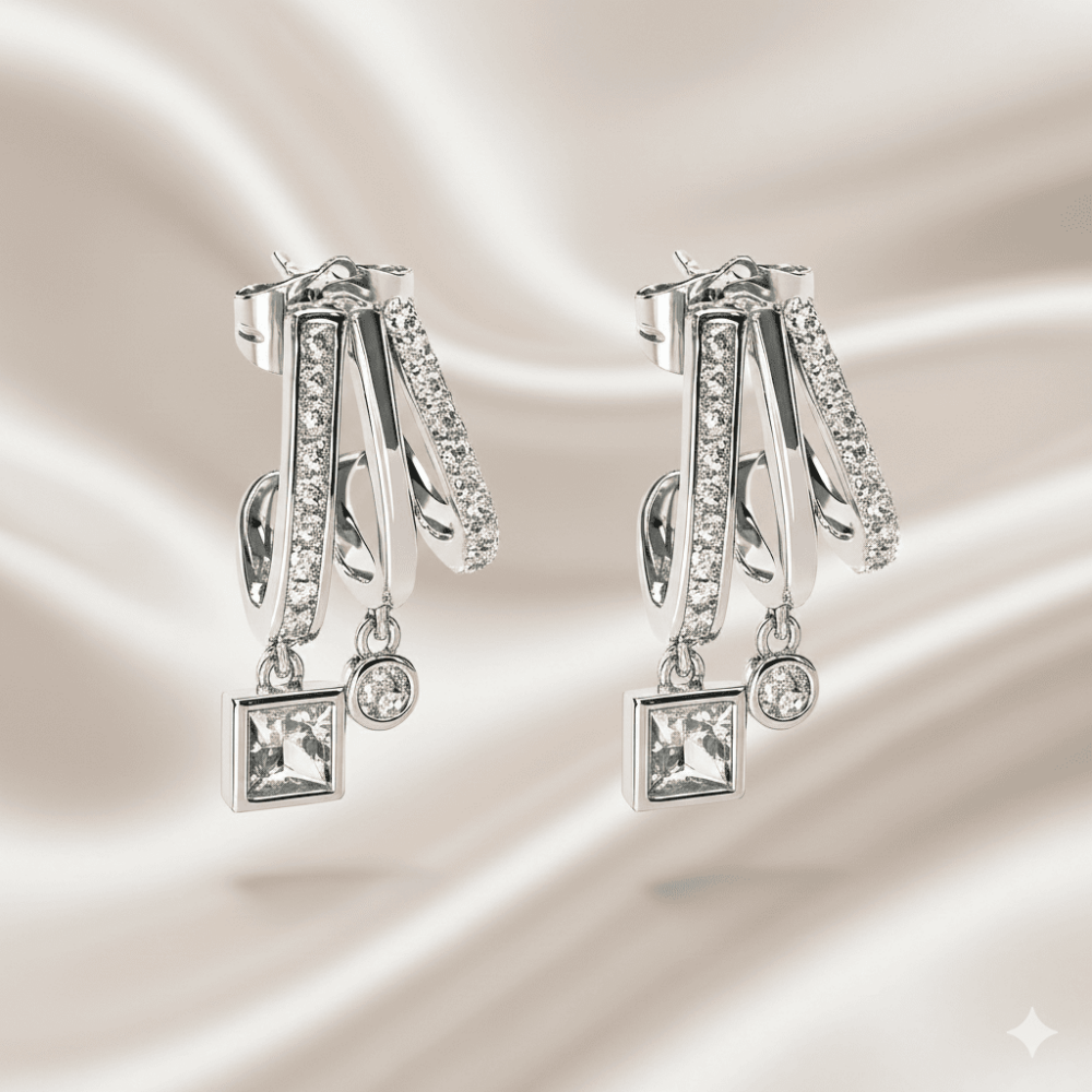 Kadın Xuping Çelik Küpe - 3 Sıra Tasarım - Beyaz Zirkon Taşlı - Gümüş Renk - 3