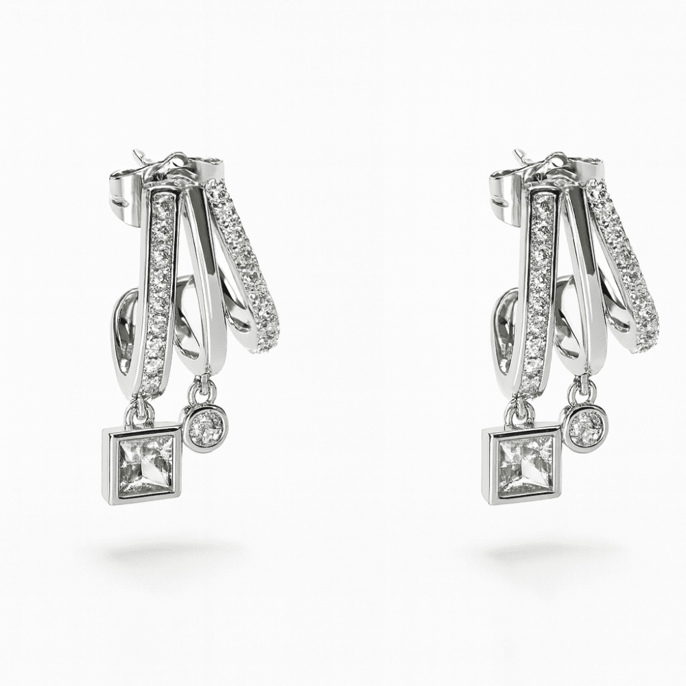 Kadın Xuping Çelik Küpe - 3 Sıra Tasarım - Beyaz Zirkon Taşlı - Gümüş Renk - 4