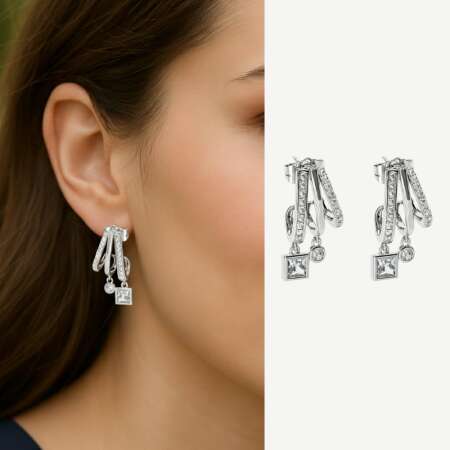 Kadın Xuping Çelik Küpe - 3 Sıra Tasarım - Beyaz Zirkon Taşlı - Gümüş Renk - Tesbihane