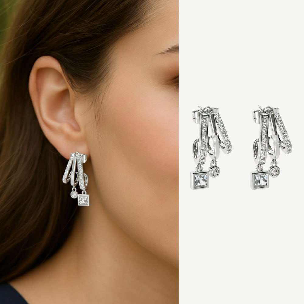 Kadın Xuping Çelik Küpe - 3 Sıra Tasarım - Beyaz Zirkon Taşlı - Gümüş Renk - 1