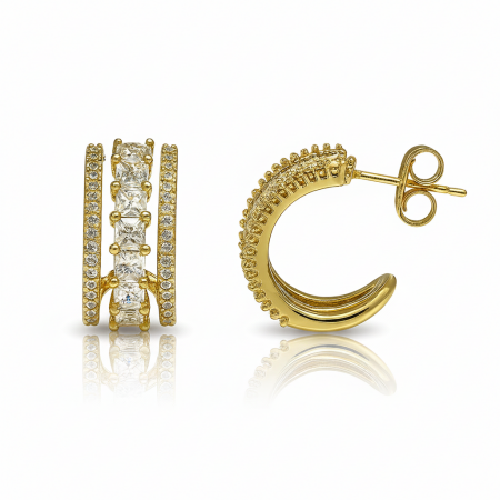 Kadın Xuping Çelik Küpe - 3 Sıra Tasarım - Beyaz Zirkon Taşlı - Yarım Tur - Altın Renk - Tesbihane