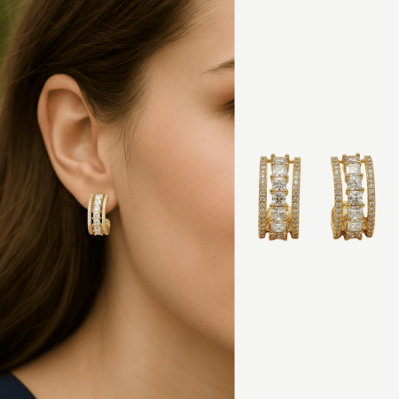 Kadın Xuping Çelik Küpe - 3 Sıra Tasarım - Beyaz Zirkon Taşlı - Yarım Tur - Altın Renk - Tesbihane