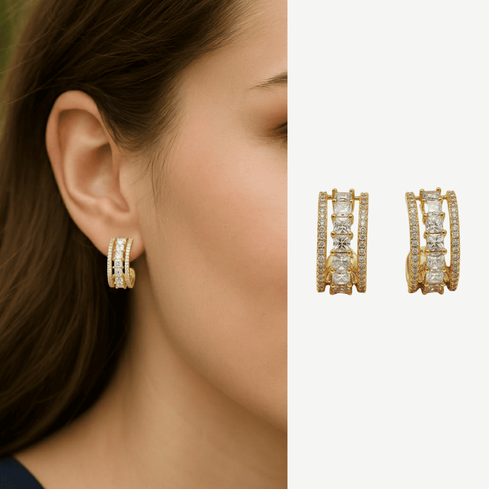 Kadın Xuping Çelik Küpe - 3 Sıra Tasarım - Beyaz Zirkon Taşlı - Yarım Tur - Altın Renk - 1