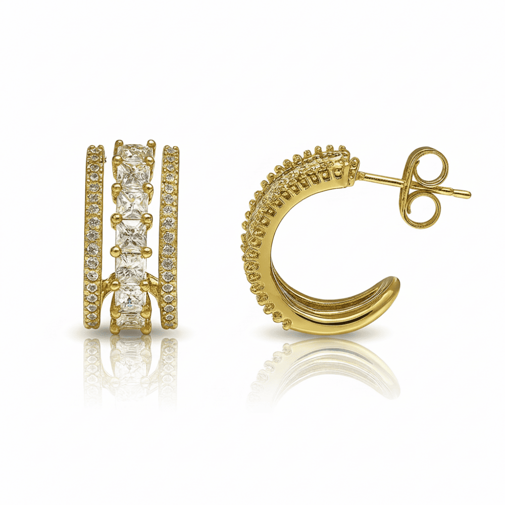 Kadın Xuping Çelik Küpe - 3 Sıra Tasarım - Beyaz Zirkon Taşlı - Yarım Tur - Altın Renk - 4