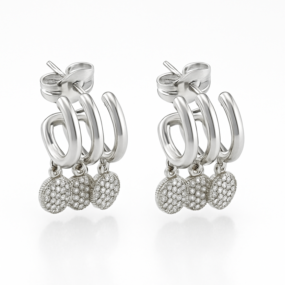 Kadın Xuping Çelik Küpe - 3 Sıra Tasarım - Gümüş Renk - Beyaz Zirkon Taşlı - 1