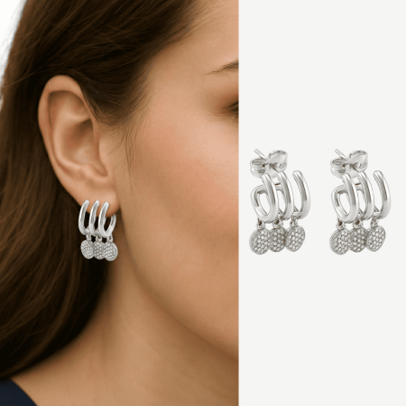 Kadın Xuping Çelik Küpe - 3 Sıra Tasarım - Gümüş Renk - Beyaz Zirkon Taşlı - Tesbihane