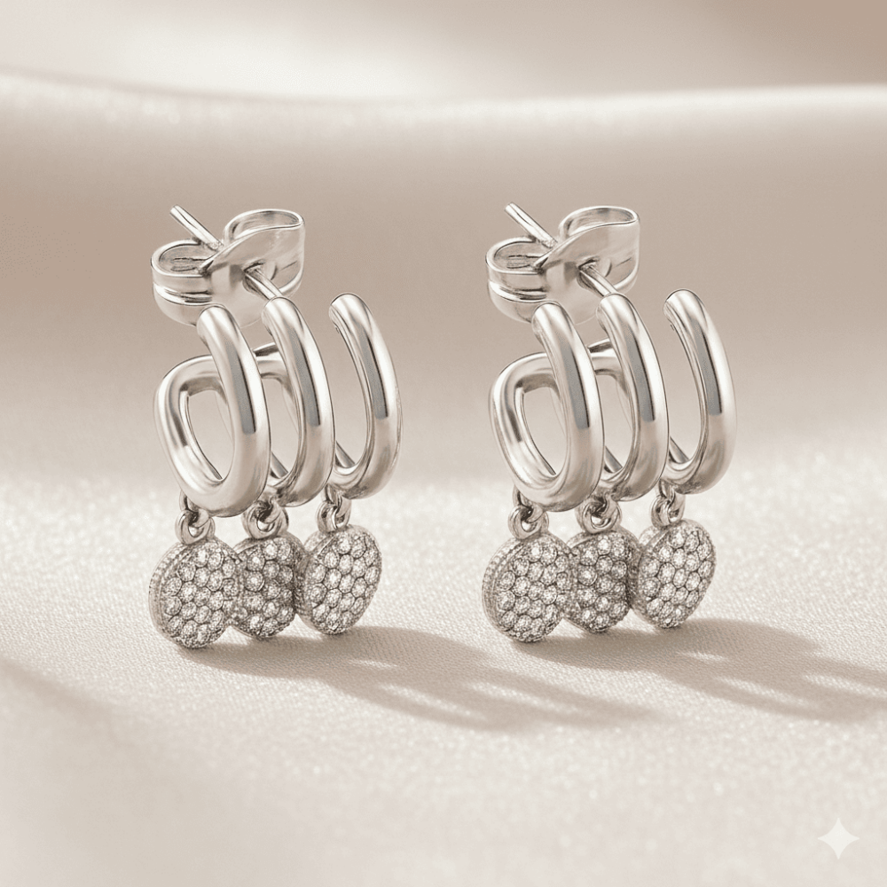 Kadın Xuping Çelik Küpe - 3 Sıra Tasarım - Gümüş Renk - Beyaz Zirkon Taşlı - 3