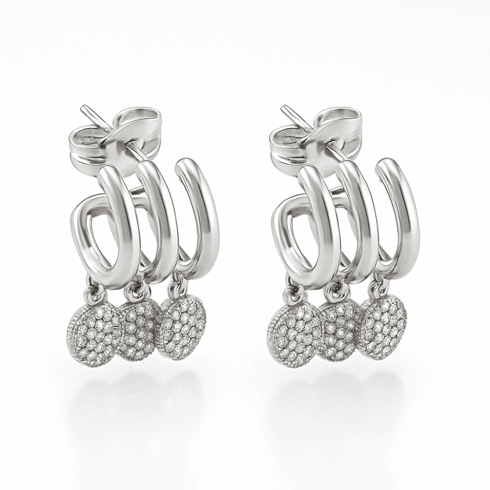 Kadın Xuping Çelik Küpe - 3 Sıra Tasarım - Gümüş Renk - Beyaz Zirkon Taşlı - 5