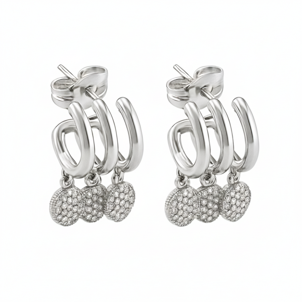 Kadın Xuping Çelik Küpe - 3 Sıra Tasarım - Gümüş Renk - Beyaz Zirkon Taşlı - 4