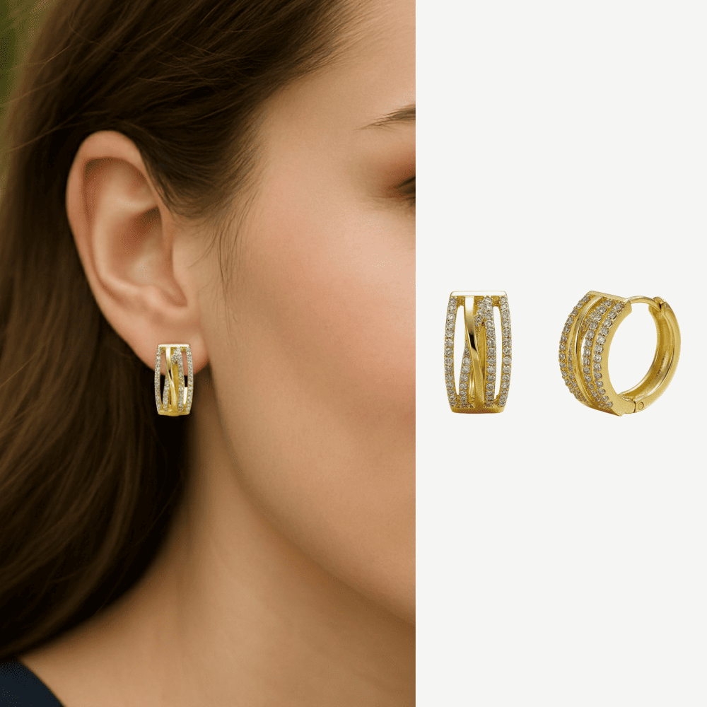 Kadın Xuping Çelik Küpe - 4 Sıra Tasarım - Sıralı Beyaz Zirkon Taşlı - Altın Renk - 1