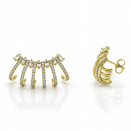 Kadın Xuping Çelik Küpe - 6 Sıra Tasarım - Sıralı Beyaz Zirkon Taşlı - Altın Renk - Tesbihane