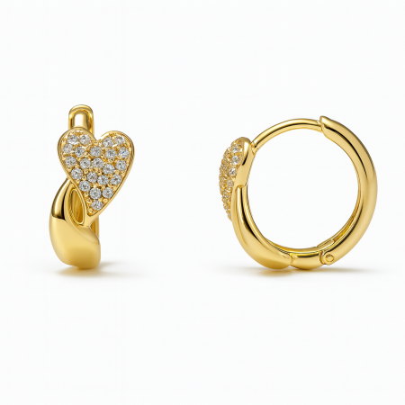 Kadın Xuping Çelik Küpe - Kalp Tasarım - Sıralı Beyaz Zirkon Taşlı - Altın Renk - Tesbihane