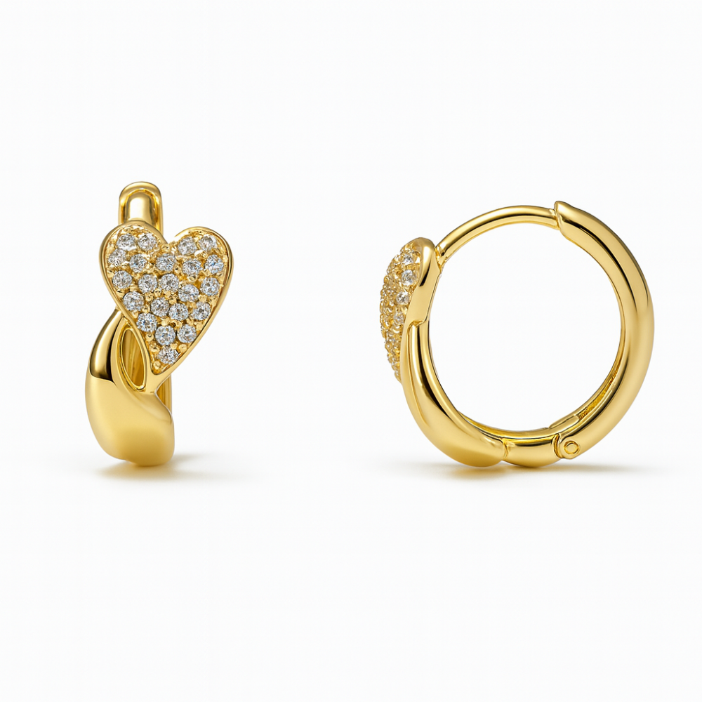 Kadın Xuping Çelik Küpe - Kalp Tasarım - Sıralı Beyaz Zirkon Taşlı - Altın Renk - 1