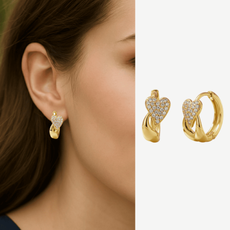 Kadın Xuping Çelik Küpe - Kalp Tasarım - Sıralı Beyaz Zirkon Taşlı - Altın Renk - Tesbihane