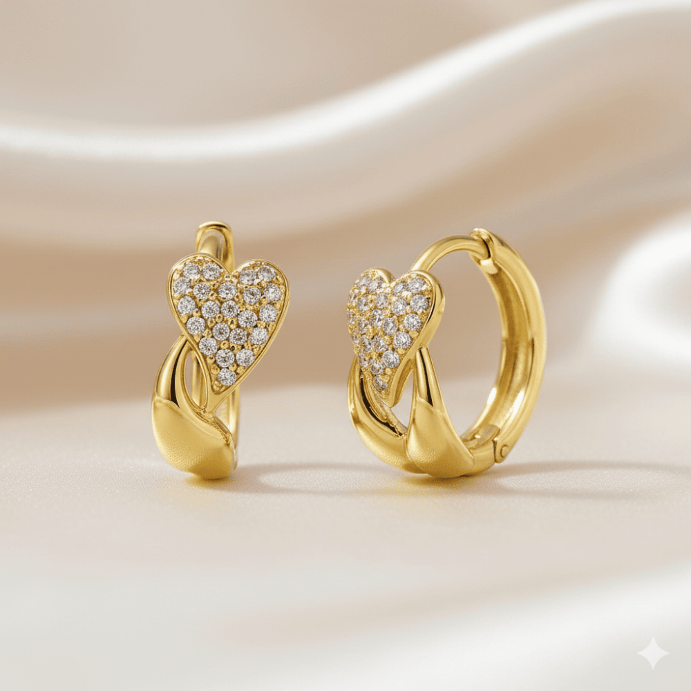 Kadın Xuping Çelik Küpe - Kalp Tasarım - Sıralı Beyaz Zirkon Taşlı - Altın Renk - 3