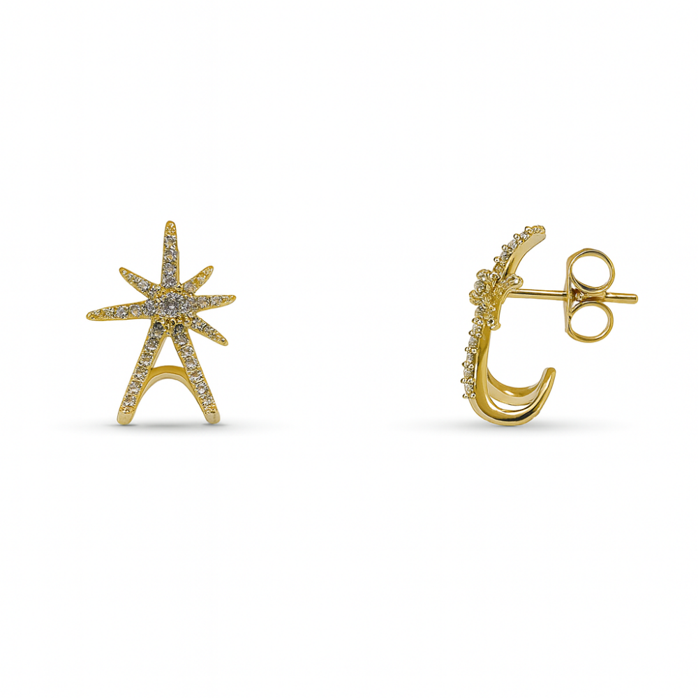 Kadın Xuping Çelik Küpe - Kuzey Yıldızı Tasarım - Sıralı Beyaz Zirkon Taşlı - Altın Renk - 1