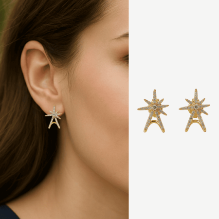 Kadın Xuping Çelik Küpe - Kuzey Yıldızı Tasarım - Sıralı Beyaz Zirkon Taşlı - Altın Renk - Tesbihane