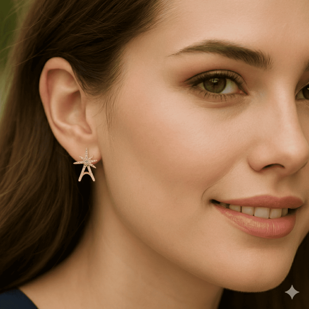 Kadın Xuping Çelik Küpe - Kuzey Yıldızı Tasarım - Sıralı Beyaz Zirkon Taşlı - Altın Renk - 2