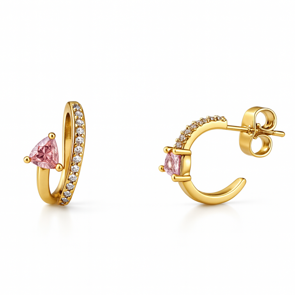 Kadın Xuping Çelik Küpe - Tektaş Model - Sıralı Beyaz Zirkon Taşlı - Altın Renk - 1