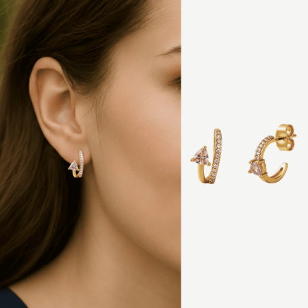 Kadın Xuping Çelik Küpe - Tektaş Model - Sıralı Beyaz Zirkon Taşlı - Altın Renk - Tesbihane