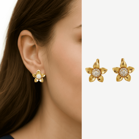 Kadın Xuping Çelik Küpe - Tektaş Model - Yonca Yaprağı Tasarım - Beyaz Zirkon Taşlı - Altın Renk - Tesbihane