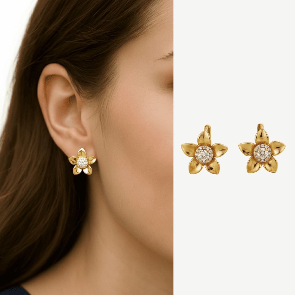 Kadın Xuping Çelik Küpe - Tektaş Model - Yonca Yaprağı Tasarım - Beyaz Zirkon Taşlı - Altın Renk - 1