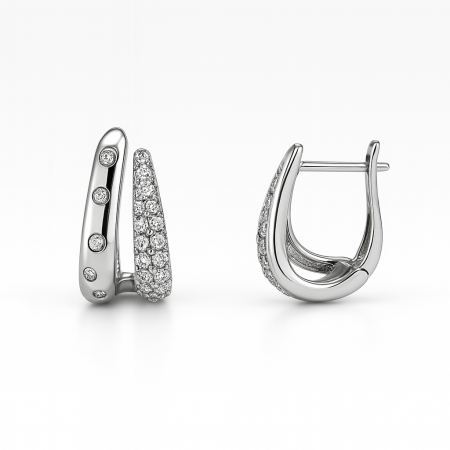 Kadın Xuping Çelik Küpe - V Tasarım - Beyaz Zirkon Taşlı - Gümüş Renk - Tesbihane