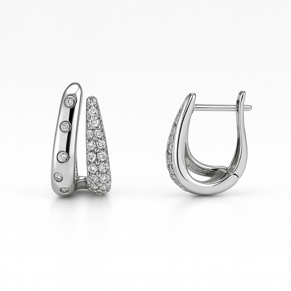 Kadın Xuping Çelik Küpe - V Tasarım - Beyaz Zirkon Taşlı - Gümüş Renk - 1