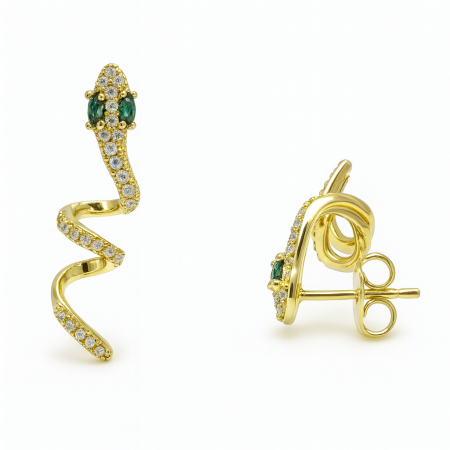 Kadın Xuping Çelik Küpe - Yılan Tasarım - Beyaz Zirkon Taşlı - Altın Renk - Tesbihane