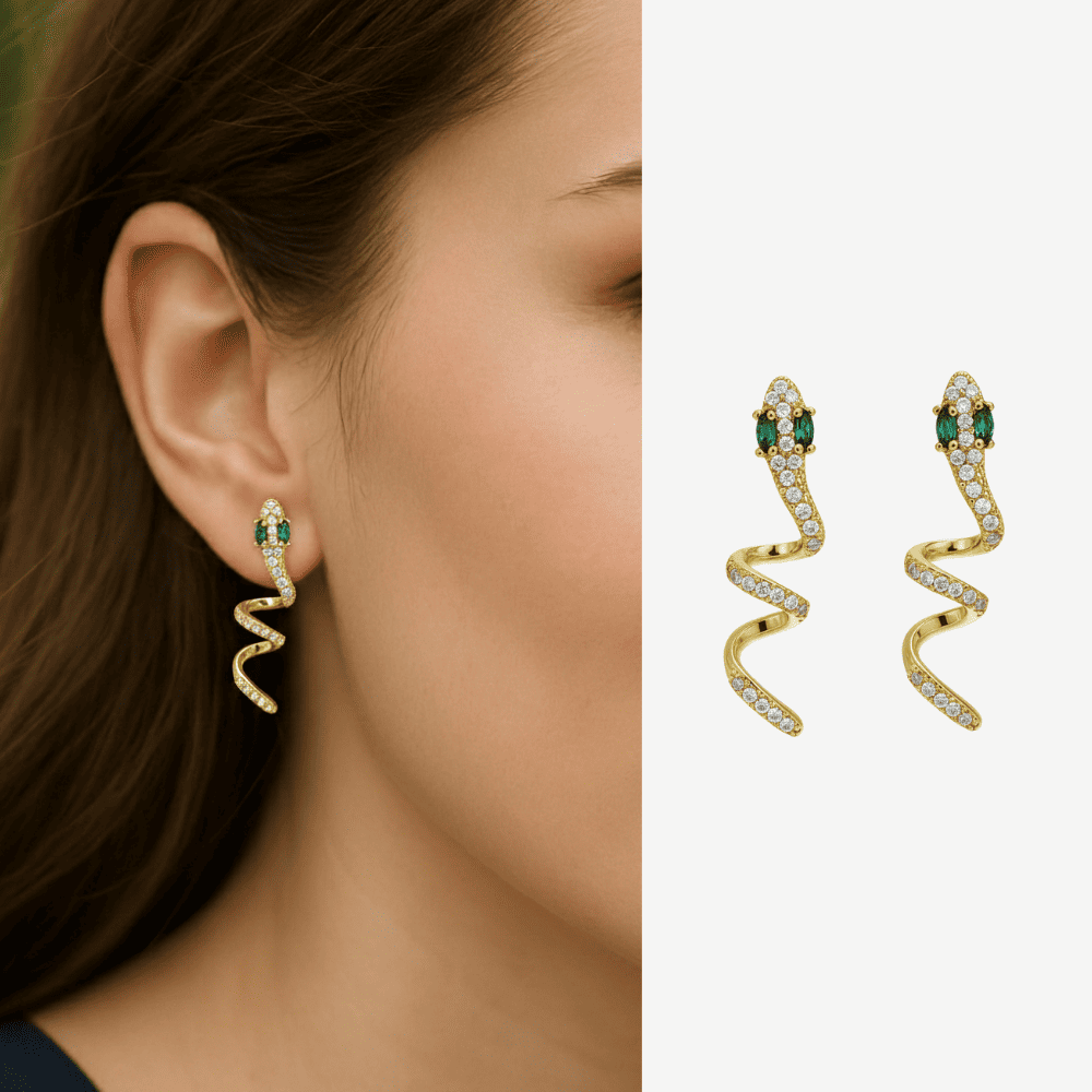 Kadın Xuping Çelik Küpe - Yılan Tasarım - Beyaz Zirkon Taşlı - Altın Renk - 1