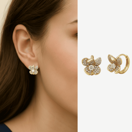 Kadın Xuping Çelik Küpe - Yonca Yaprağı Tasarım - Beyaz Zirkon Taşlı - Altın Renk - Tesbihane