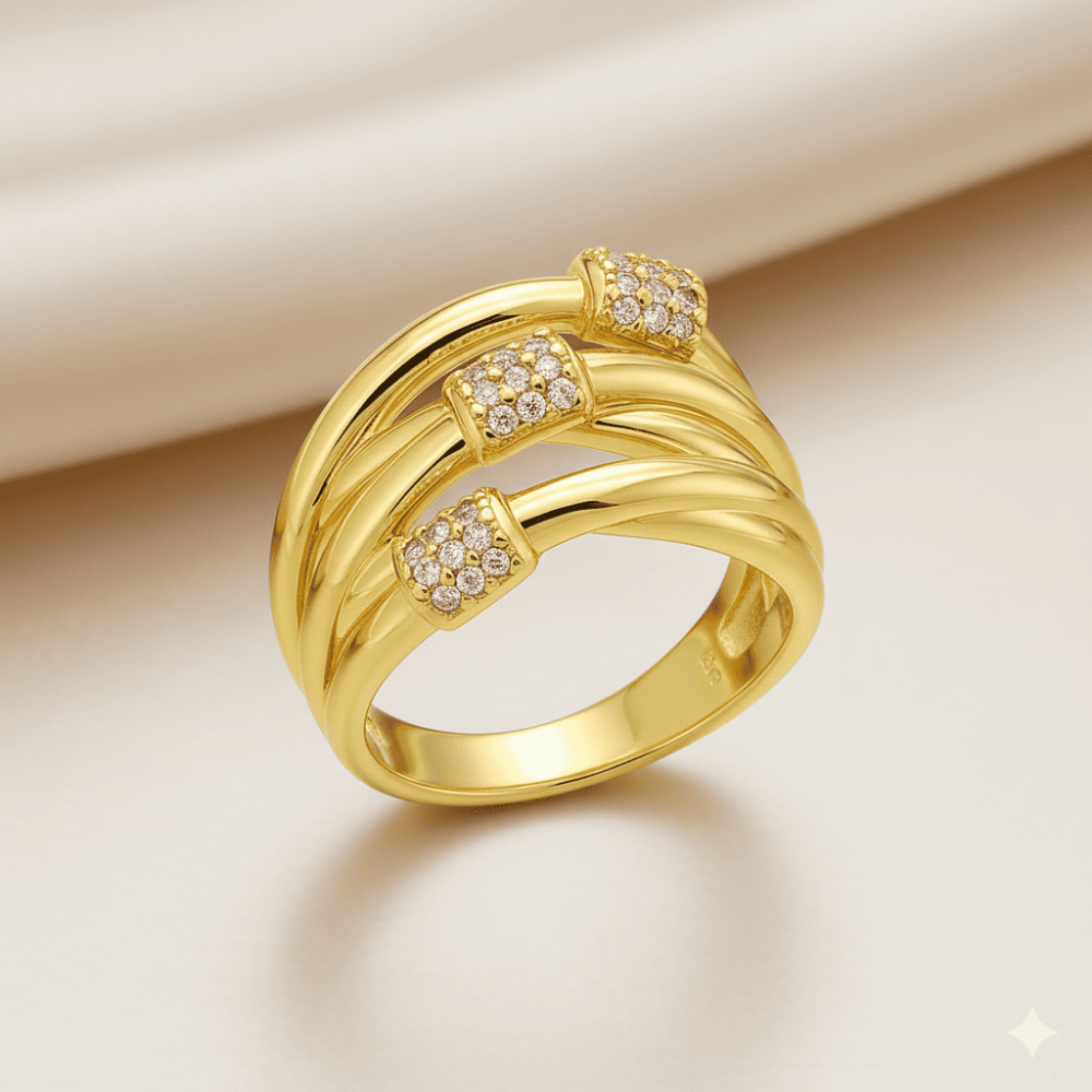 Kadın Xuping Çelik Yüzük - 3 lü Tasarım - Sıralı Beyaz Zirkon Taşlı - Altın Renk - 12 Ölçü - 3