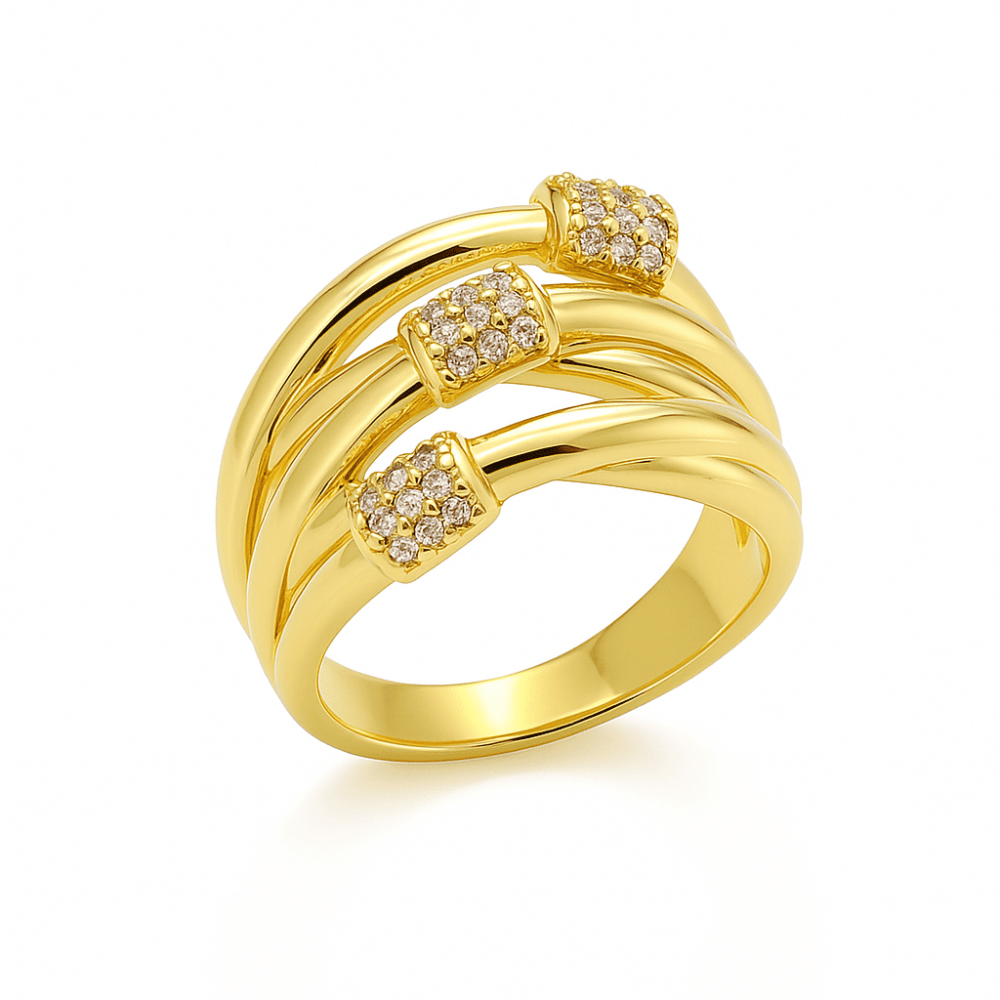 Kadın Xuping Çelik Yüzük - 3 lü Tasarım - Sıralı Beyaz Zirkon Taşlı - Altın Renk - 14 Ölçü - 4