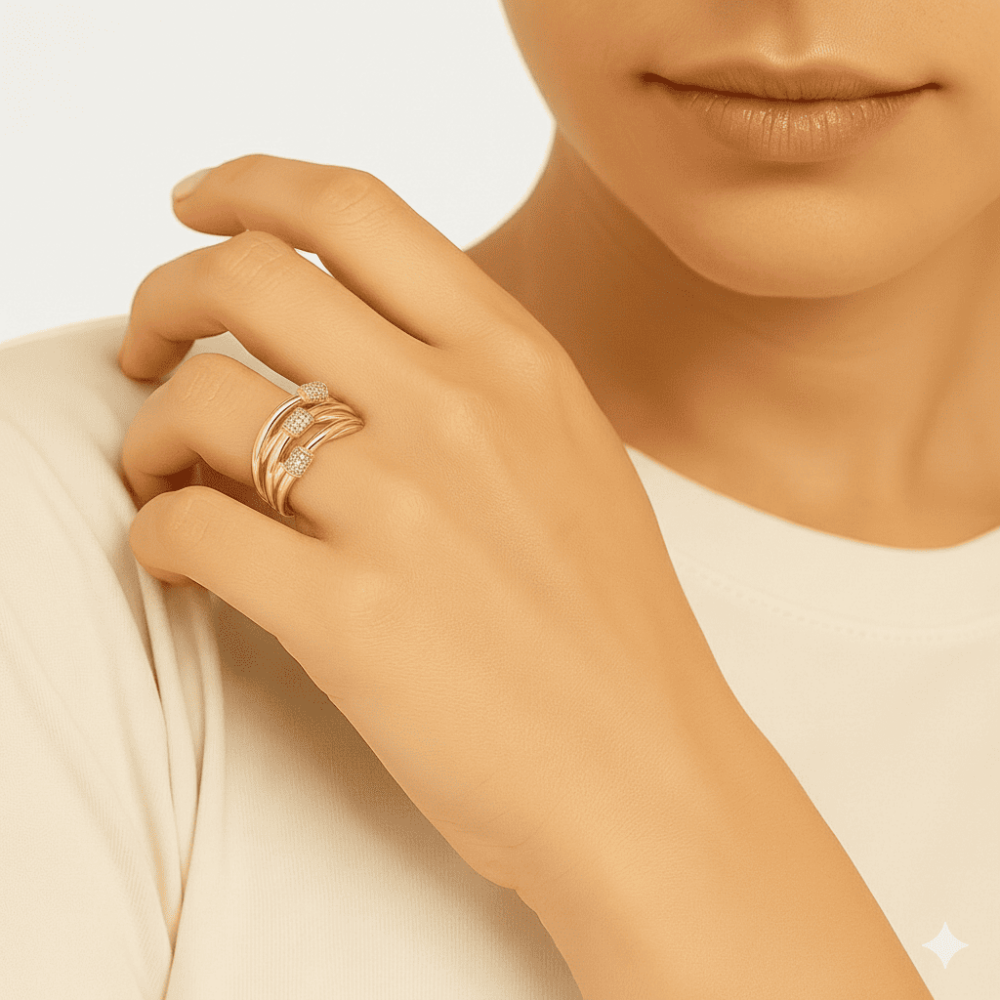 Kadın Xuping Çelik Yüzük - 3 lü Tasarım - Sıralı Beyaz Zirkon Taşlı - Altın Renk - 16 Ölçü - 2