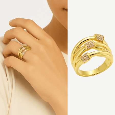 Kadın Xuping Çelik Yüzük - 3 lü Tasarım - Sıralı Beyaz Zirkon Taşlı - Altın Renk - 18 Ölçü - Tesbihane