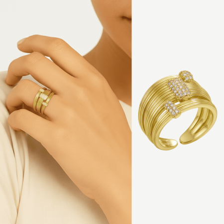 Kadın Xuping Çelik Yüzük - 3 lü Tasarım - Zirkon Taşlı - Altın Renk - 10 - 15 Ölçü Ayarlanabilir - Tesbihane