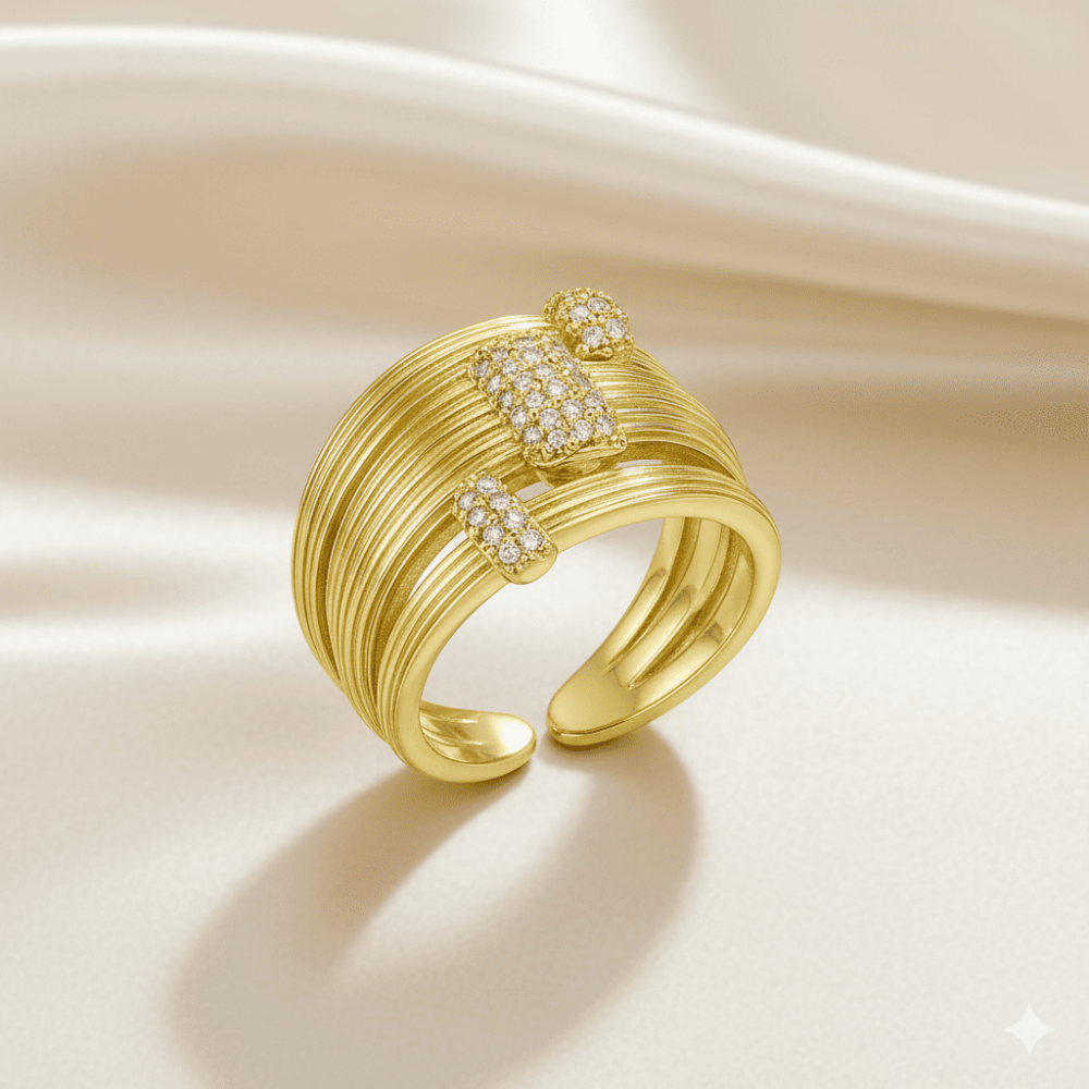 Kadın Xuping Çelik Yüzük - 3 lü Tasarım - Zirkon Taşlı - Altın Renk - 10 - 15 Ölçü Ayarlanabilir - 3