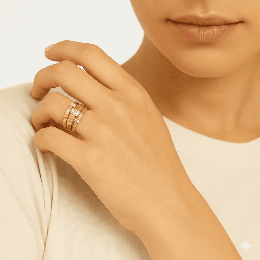 Kadın Xuping Çelik Yüzük - 3 lü Tasarım - Zirkon Taşlı - Altın Renk - 16 - 20 Ölçü Ayarlanabilir - 2